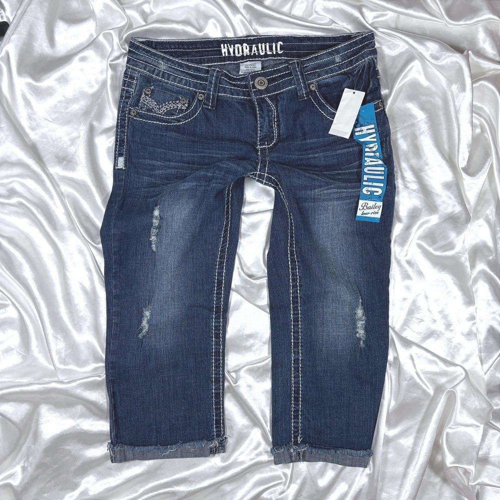y2k Capri Jeans Blue NWT Hydraulic Bailey Low Rise Distressed Thick Stitch 9/10